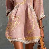 Ninon | Mini Dress in Pink Crocheted Lace with Golden Patterns and V-Neck
