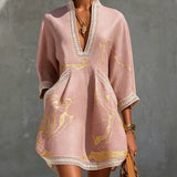 Aurore | Mini Dress with V-Neck, Rose Gold Print