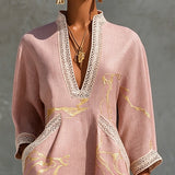 Aurore | Mini Dress with V-Neck, Rose Gold Print
