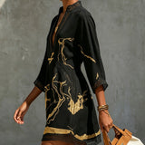 Léonie | Black Mini Dress with Gold Patterns and V-neck Crochet Lace