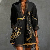 Léonie | Black Mini Dress with Gold Patterns and V-neck Crochet Lace