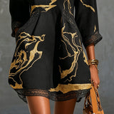 Léonie | Black Mini Dress with Gold Patterns and V-neck Crochet Lace