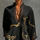 Léonie | Black Mini Dress with Gold Patterns and V-neck Crochet Lace