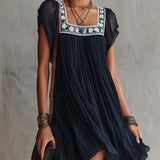 Apolline | Mini Pleated Dress in Embroidered Navy Blue Chiffon
