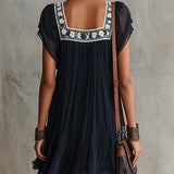 Apolline | Mini Pleated Dress in Embroidered Navy Blue Chiffon