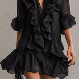 Anaïs | Black Chiffon Mini Dress with Ruffles