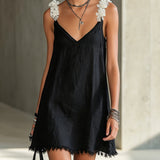 Noémie | Black Mini Dress with V-Neck and Floral Straps