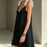 Noémie | Black Mini Dress with V-Neck and Floral Straps