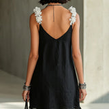Noémie | Black Mini Dress with V-Neck and Floral Straps