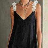 Noémie | Black Mini Dress with V-Neck and Floral Straps