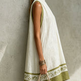 Agathe | White and Olive Green Floral Sleeveless Mini A-Line Dress