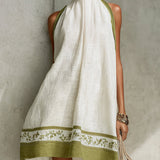 Agathe | White and Olive Green Floral Sleeveless Mini A-Line Dress