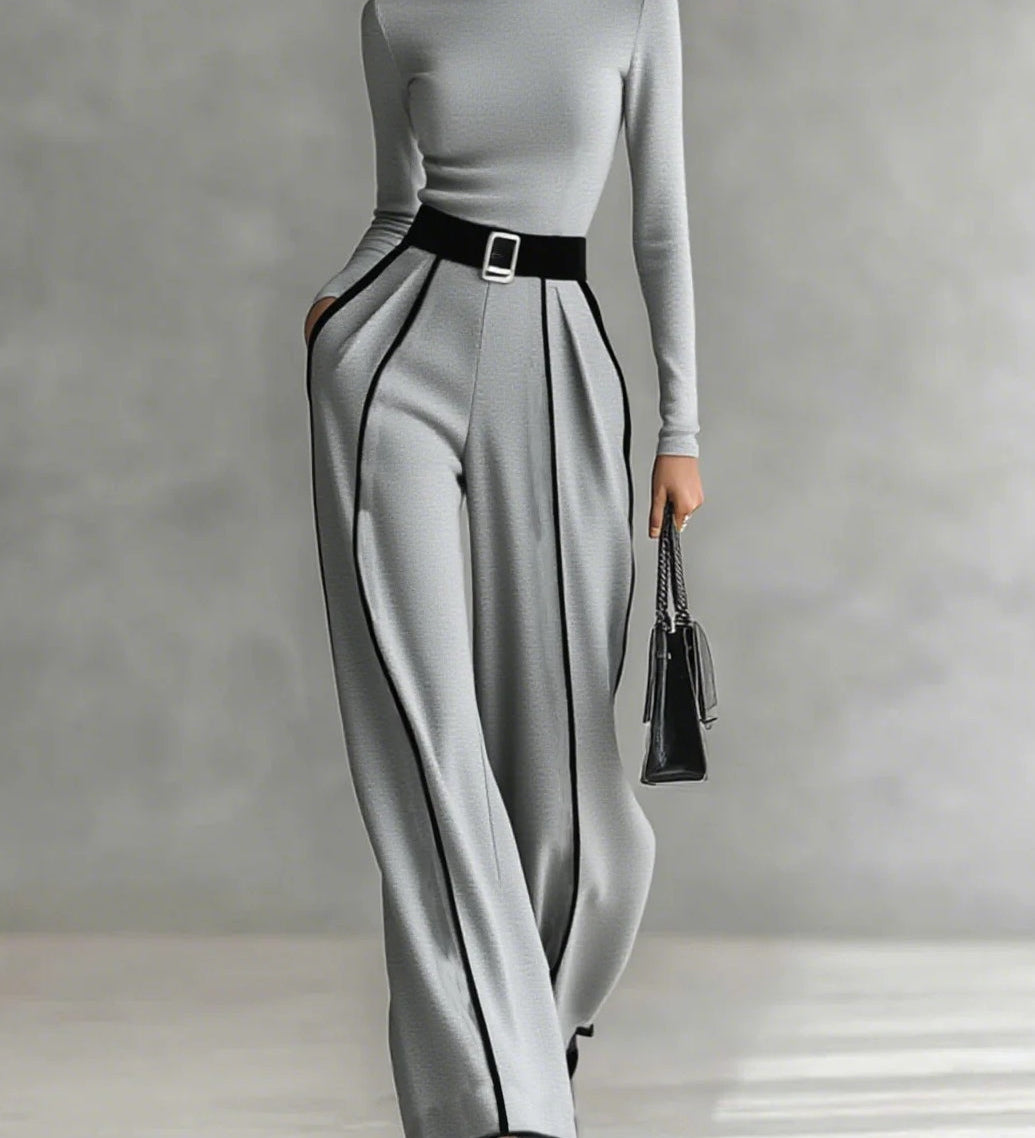 REFINED HIGH-NECK TOP & WIDE-LEG PANTS SET (FREE BELT)