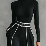 REFINED HIGH-NECK TOP & WIDE-LEG PANTS SET (FREE BELT)