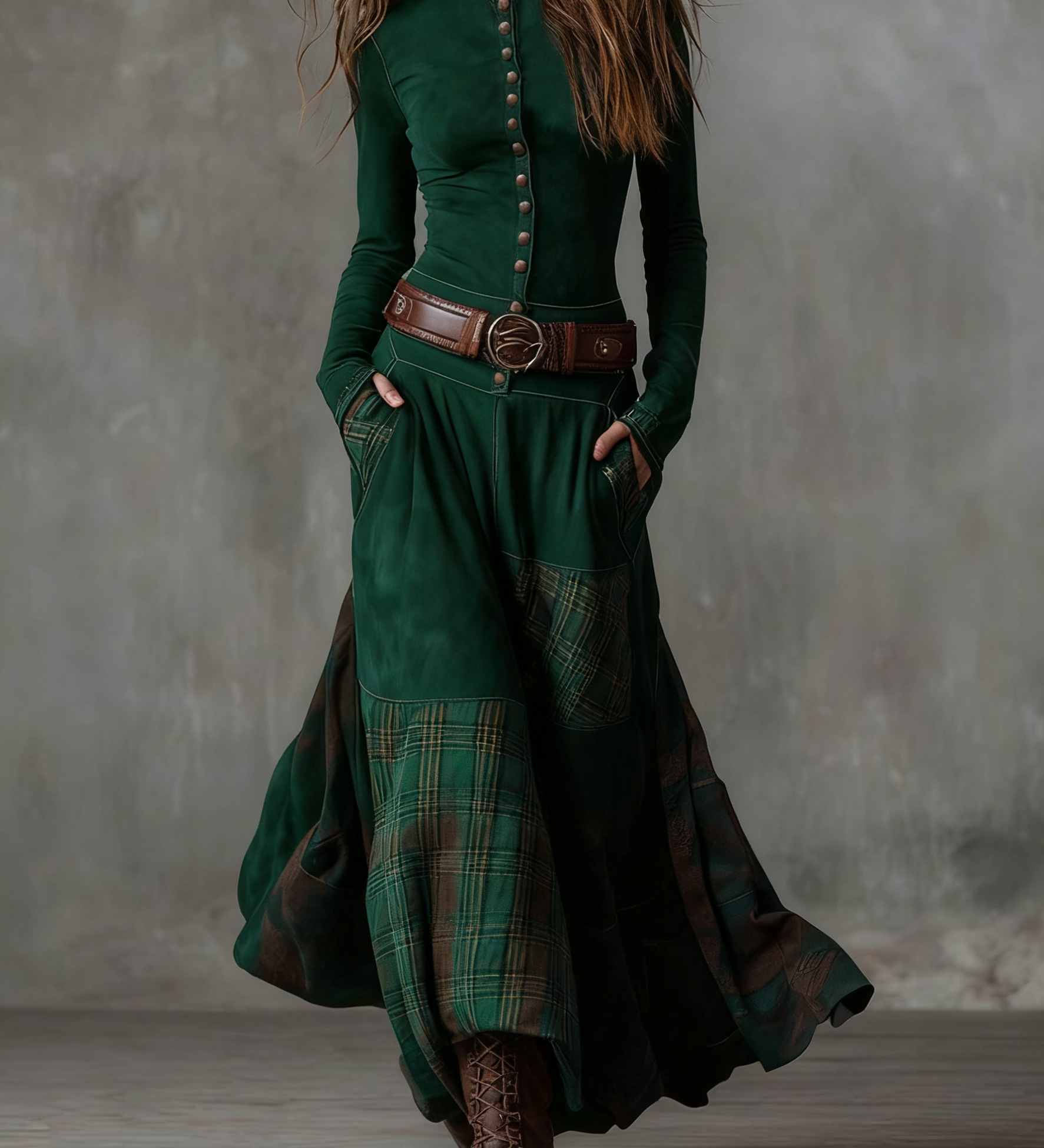 LEONE | VINTAGE LONG SUEDE CHECKERED DRESS (INCLUDES BELT)
