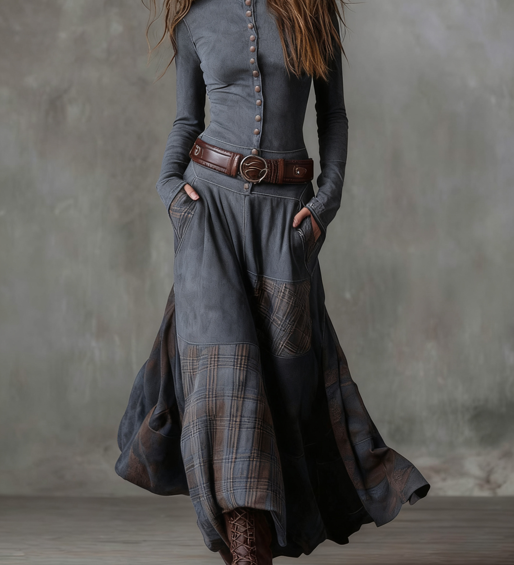 LEONE | VINTAGE LONG SUEDE CHECKERED DRESS (INCLUDES BELT)