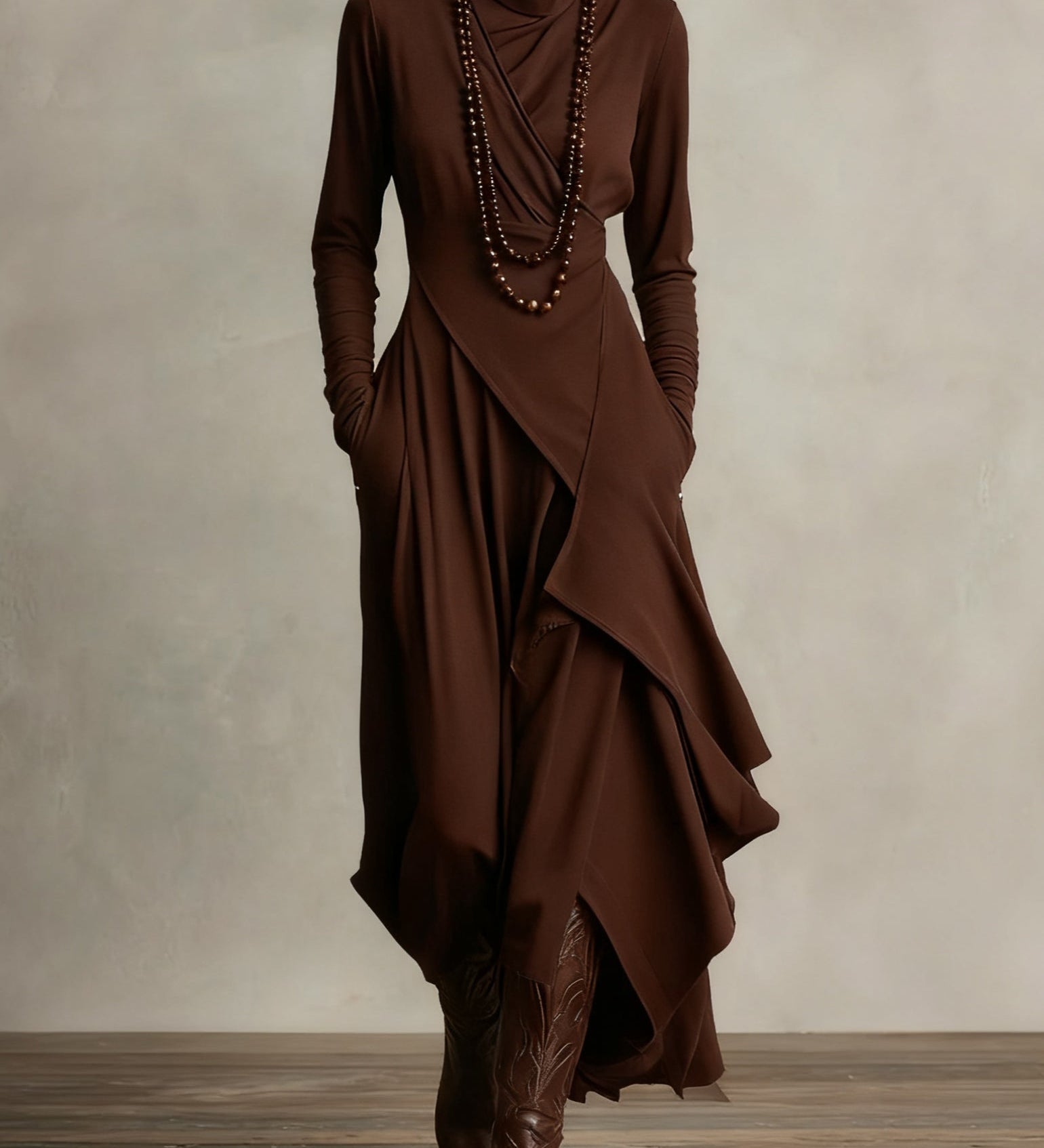 Irene | High-neck Asymmetrical Pleated Dress