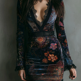 Iris | Mini Bodycon Dress in Velvet, Lace and Floral Print