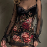Eglantine | Mini Dress in Tulle, Rose Print and Lace