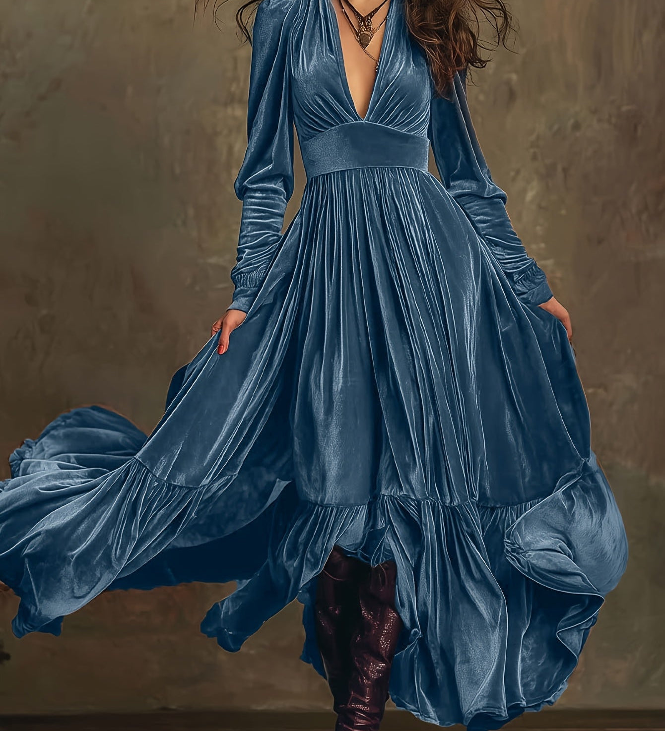 SERAFINA | RETRO OVERSIZED SKIRT LONG DRESS WITH DEEP V-NECK