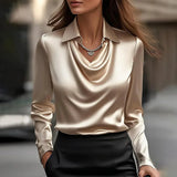 Milan Chic Silky Satin Draped Neck Blouse