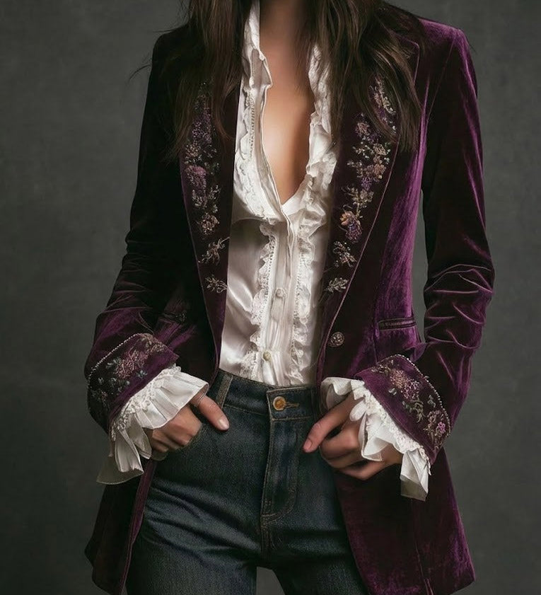 Erica | Long Vintage Velvet Jacket with Embroidery