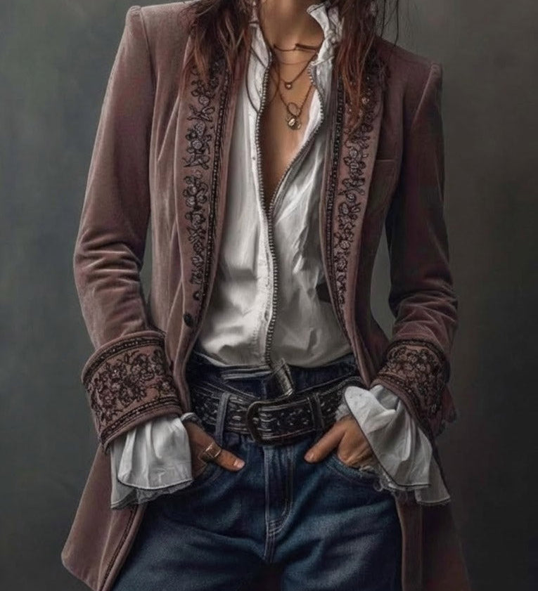 Erica | Long Vintage Velvet Jacket with Embroidery