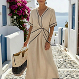 Georgia | V Neck Short Sleeve Gathered Waist Midi Dress