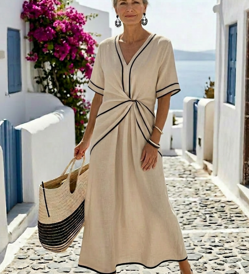Georgia | V Neck Short Sleeve Gathered Waist Midi Dress