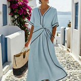 Georgia | V Neck Short Sleeve Gathered Waist Midi Dress