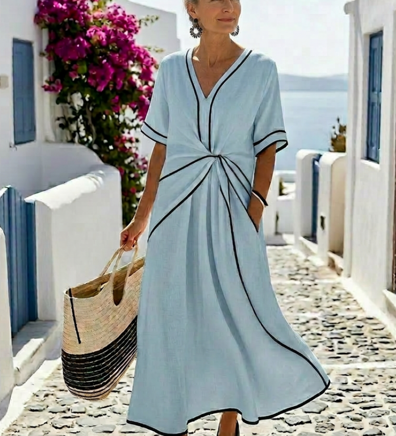 Georgia | V Neck Short Sleeve Gathered Waist Midi Dress