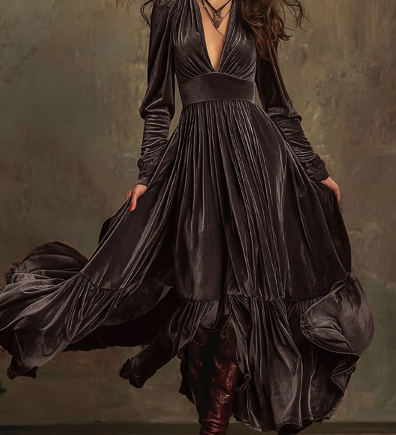 SERAFINA | RETRO OVERSIZED SKIRT LONG DRESS WITH DEEP V-NECK
