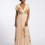 Calista | V Neck Short Sleeve Pleated Floral Maxi Dress