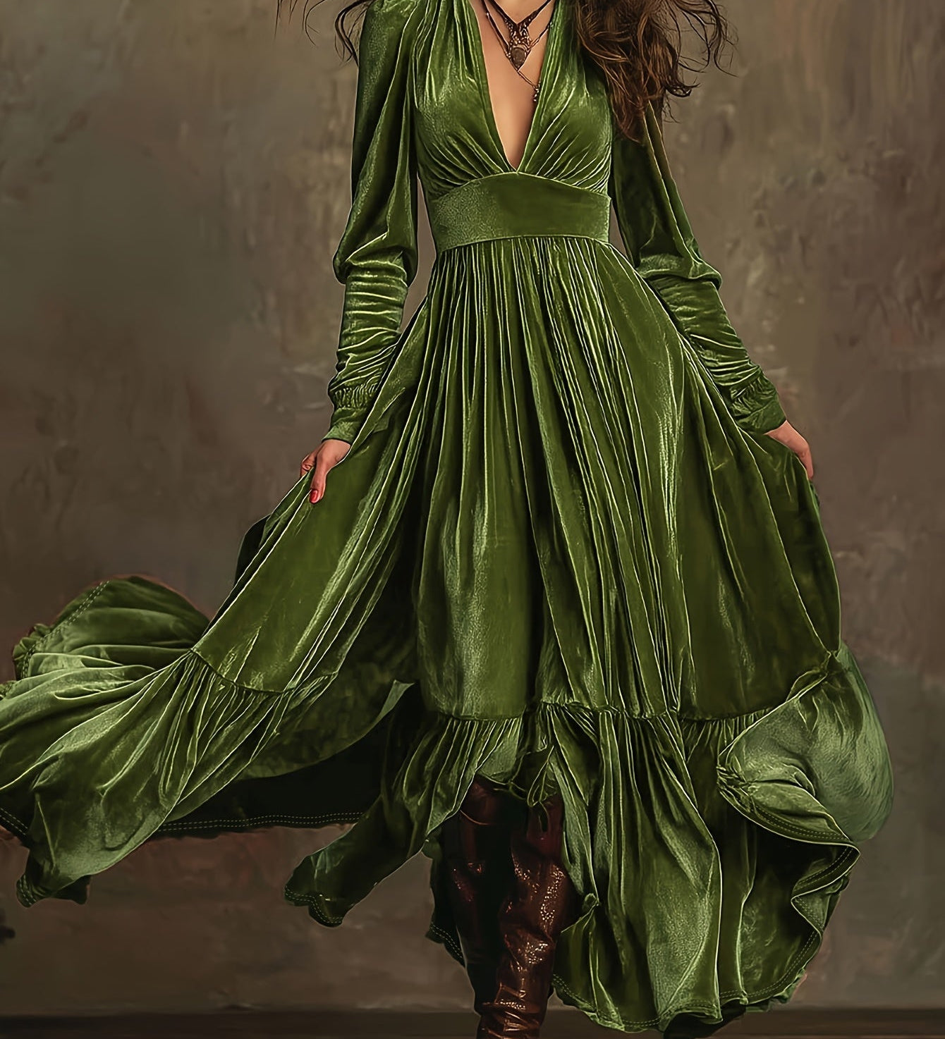 SERAFINA | RETRO OVERSIZED SKIRT LONG DRESS WITH DEEP V-NECK