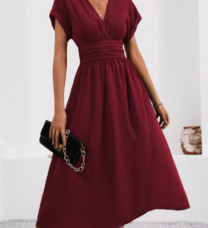 LUCYNDRA | V-NECK PLEATED WAIST MIDI DRESS