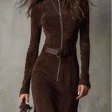 Roweno | Brown Vintage Zipper Belted Midi Dress (Includes belt)