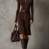 Roweno | Brown Vintage Zipper Belted Midi Dress (Includes belt)
