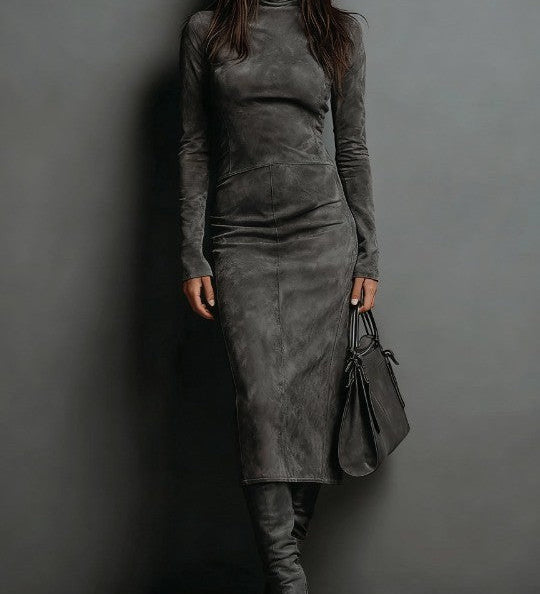 Seraphina | High Neck Long Sleeve Suede Midi Dress