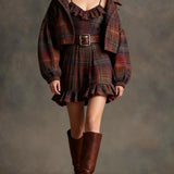 Marielle | Vintage Check and Stripe Mini Dress with Oversized Jacket (with belt)