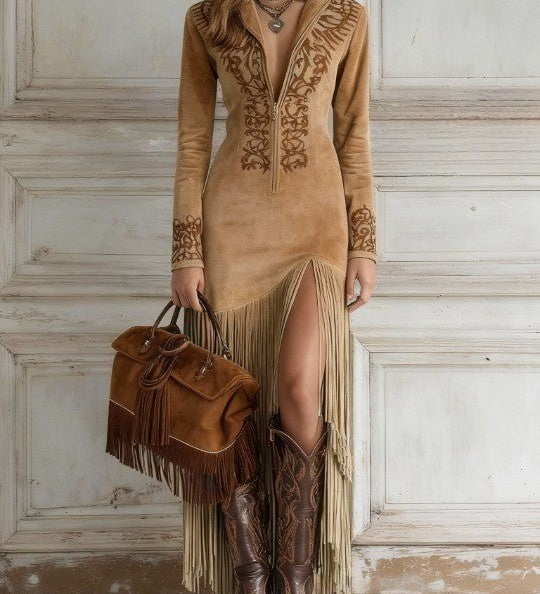 Beatrice | Western Faux Suede Fringe Dress