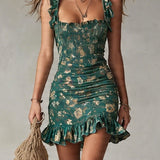 Melody | Mini Ruffled Dress in Green Bohemian Print