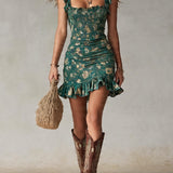 Melody | Mini Ruffled Dress in Green Bohemian Print