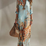 Baroque Style Floral Blue Chiffon Maxi Dress