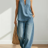 Ivy | Vintage Washed Soft Denim-Look Two-Piece Set