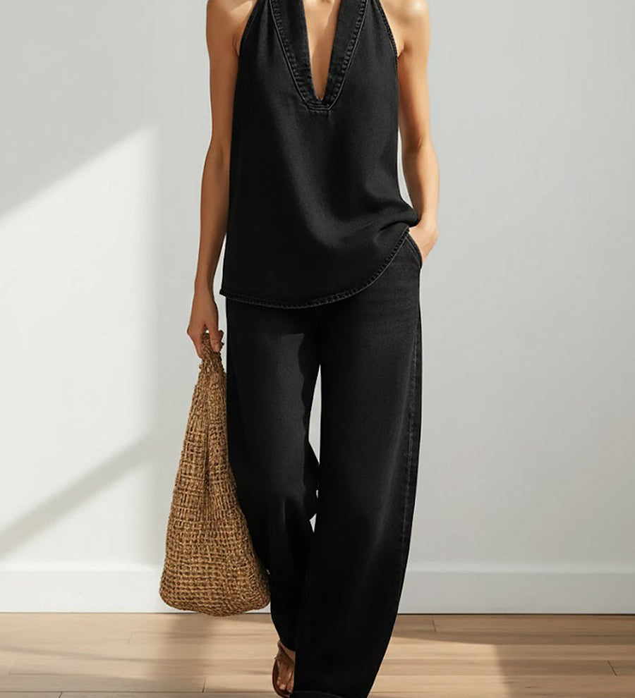 Ivy | Vintage Washed Soft Denim-Look Two-Piece Set