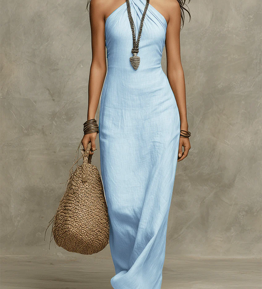 Adelina | Long Voluminous Dress in Cotton and Linen, American Collar