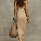 Adelina | Long Voluminous Dress in Cotton and Linen, American Collar