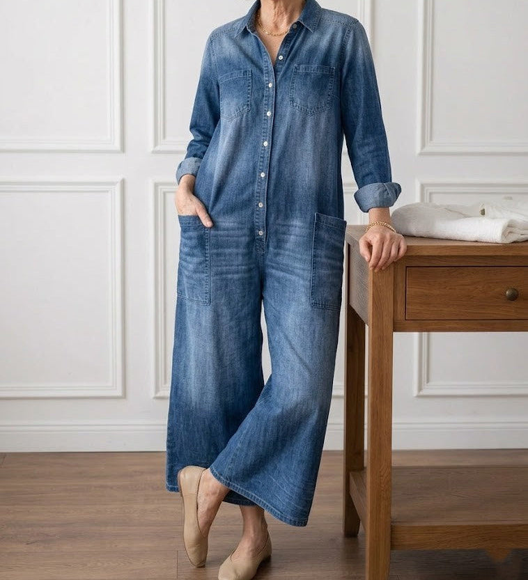 Diana | Vintage Washed Soft Cotton Denim Jumpsuit with Button Closure